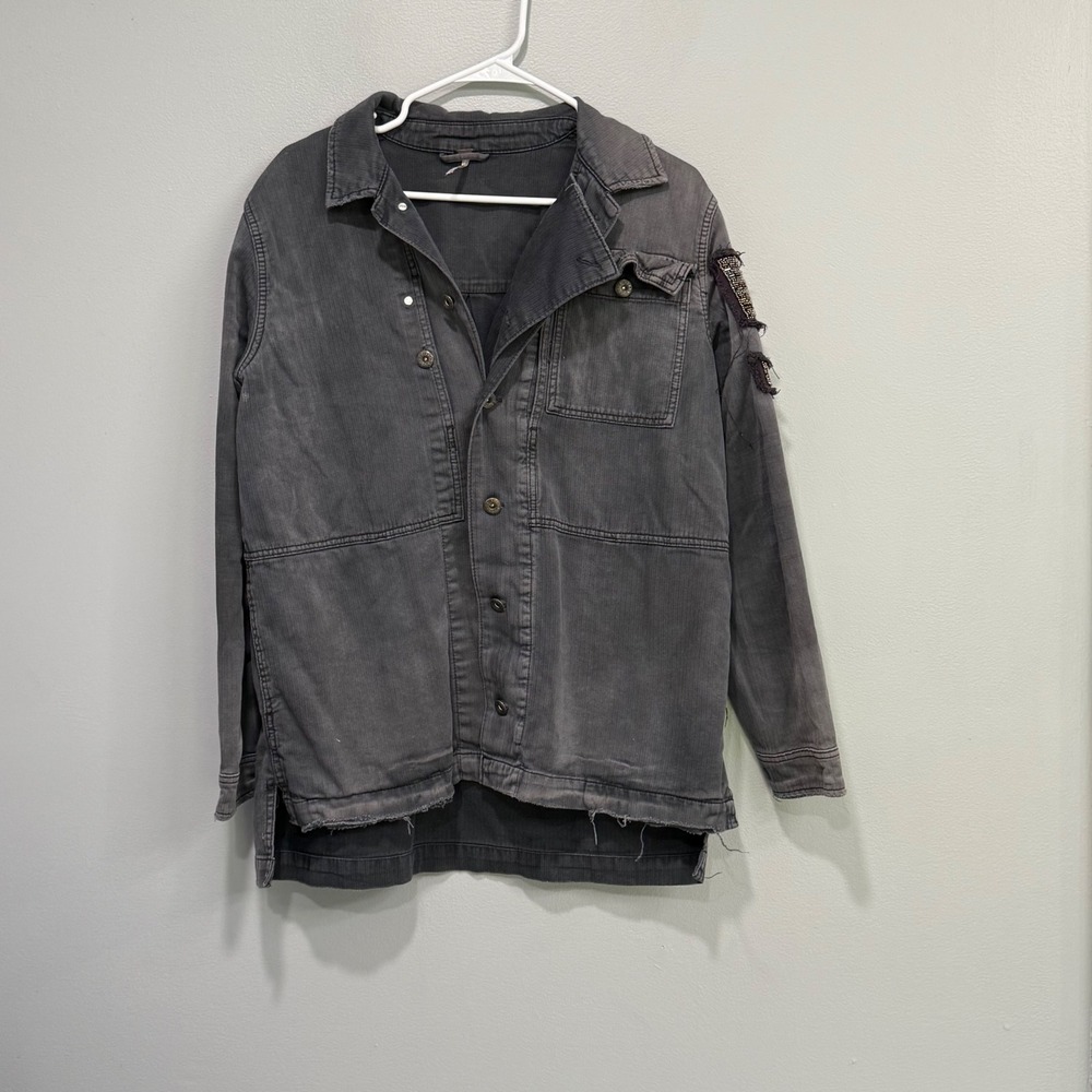 Free People Beaded Eagle Utility Jacket Grey Herringbone OB504493 Womens Medium